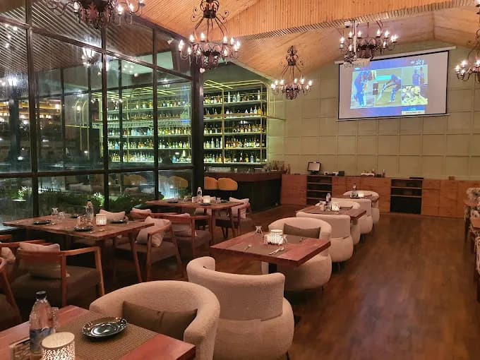 Cafe dining area with shelves
