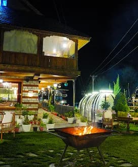 Resort patio with bonfire
